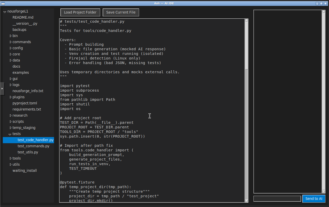 NousForge AI IDE — built-in development environment with file browser and code editor